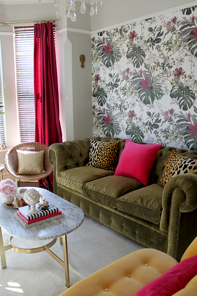 Swoon Worthy - tropical wallpaper with olive velvet chesterfield